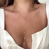 Open Circle Lariat Necklace With Natural Pearls-Necklace-Katalio