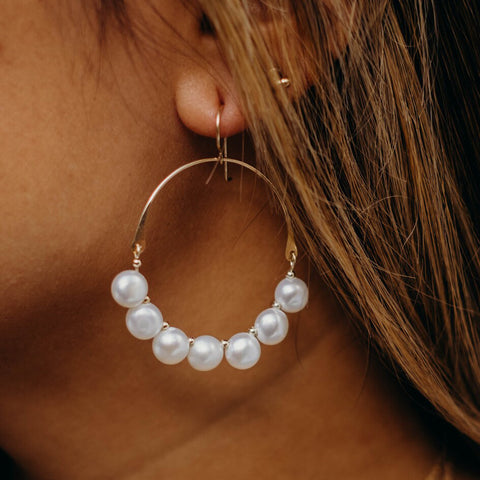 Golden Pearl Dangle Hoop Earrings-Earrings-Katalio